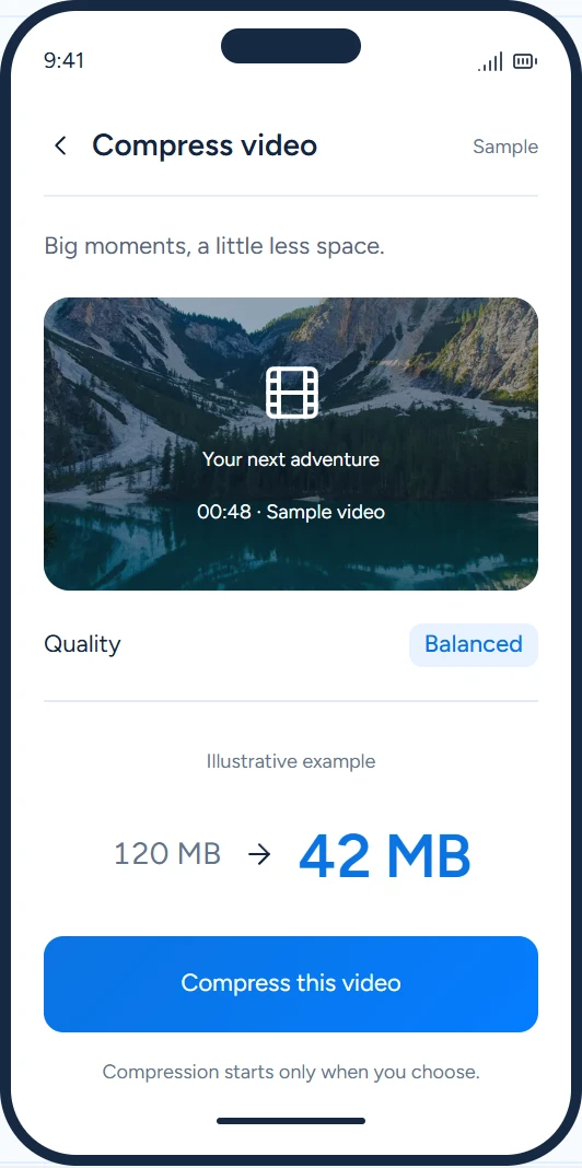 Illustrative video compression screen; file sizes are sample values