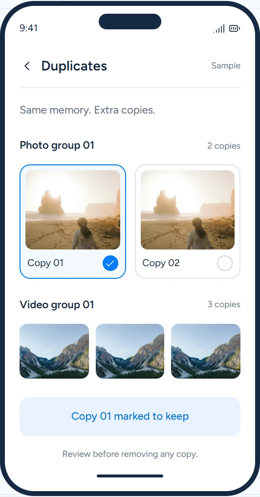 Illustrative duplicate media screen with one copy selected to keep